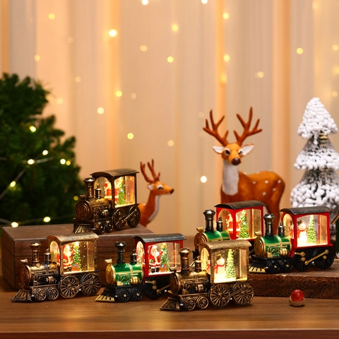 Ornamento Treno Luminoso di Natale Retrò Babbo Natale Pupazzo di Neve Luce Notturna LED con Acqua per Decorazione Tavola Casa