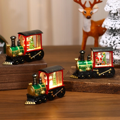Ornamento Treno Luminoso di Natale Retrò Babbo Natale Pupazzo di Neve Luce Notturna LED con Acqua per Decorazione Tavola Casa