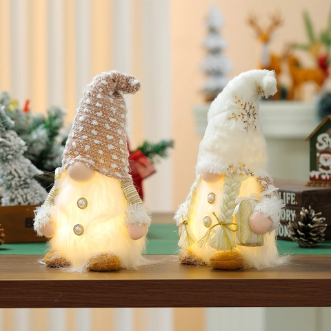 LED Glowing Christmas Gnome Plush Ornaments White Faceless Doll Snowflake Hat Pearl Buttons Warm Light For Home Holiday Decor