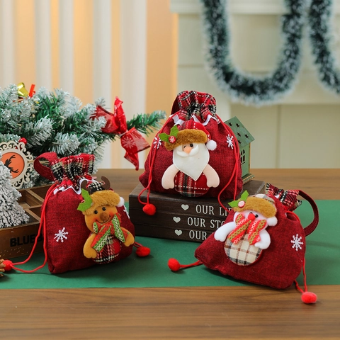 Christmas Gift Bags Burlap Linen Plaid 3D Santa Snowman Reindeer Drawstring Handle Holiday Party Candy Sack For Kids