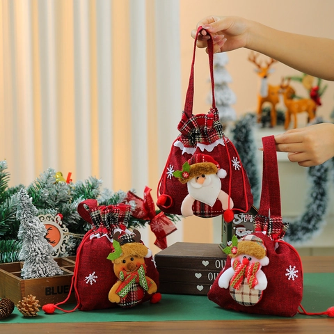 Christmas Gift Bags Burlap Linen Plaid 3D Santa Snowman Reindeer Drawstring Handle Holiday Party Candy Sack For Kids