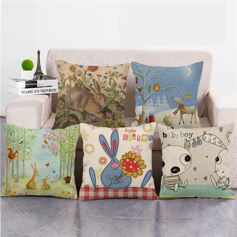 Fodera per Cuscino in Lino per Pasqua e Natale Con Stampa Coniglio Uovo Fiore Federa Decorativa per Divano Casa Soggiorno Camera Quadrata