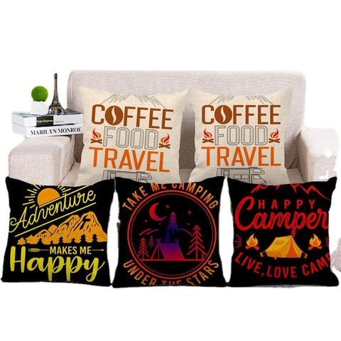 Happy Camper Camping Leinen Kissenbezug Quadratischer Dekokissenbezug Für Sofa Wohnkultur Retro Outdoor Abenteuer Thema