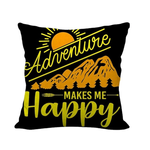 Happy Camper Camping Leinen Kissenbezug Quadratischer Dekokissenbezug Für Sofa Wohnkultur Retro Outdoor Abenteuer Thema