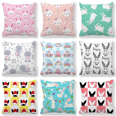 Easter Rabbit Egg Linen Square Pillowcase Decorative Cushion Cover For Living Room Bedroom Holiday Home Decor