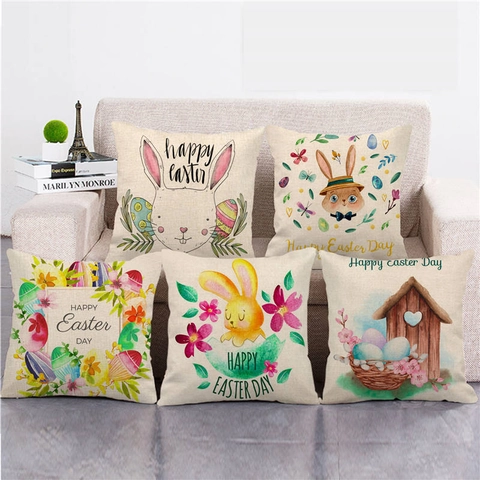 Ostern Hasen Eier Leinen Kissenbezug Pastoral Aquarell Kaninchen Floral Dekorativer Kissenbezug Für Sofa Wohnzimmer Heimdeko