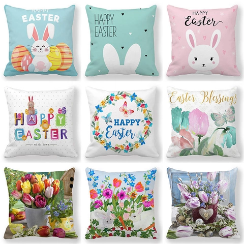 Happy Easter Watercolor Rabbit Floral Linen Pillow Case Decorative Square Throw Cushion Cover For Living Room Home Decor