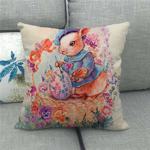 Leinen Osterhase Kissenbezug Happy Easter Ei Kaninchen Muster Quadratische Kissenhülle Für Sofa Haus Deko