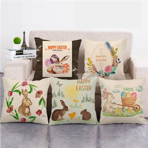 Funda de Almohada de Lino con Conejo y Huevo de Pascua Decorativa Cuadrada Happy Easter para Sofá Hogar Decoración