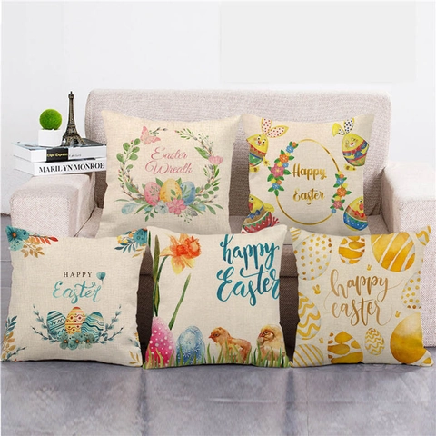 Happy Easter Linen Decorative Pillowcase Rabbit Easter Egg Pattern Cushion Cover For Sofa Living Room Bedroom Home Decor