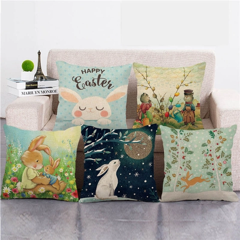 Funda De Cojín Decorativa Conejo De Pascua Lino Mezcla De Algodón Estampado Conejo Primavera Decoración Hogar