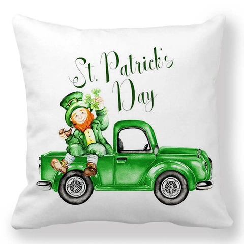 Fodera per Cuscino Giorno di San Patrizio Trifoglio Verde Gnomo Camion Decorativo in Lino Copricuscino per Divano Casa Decor