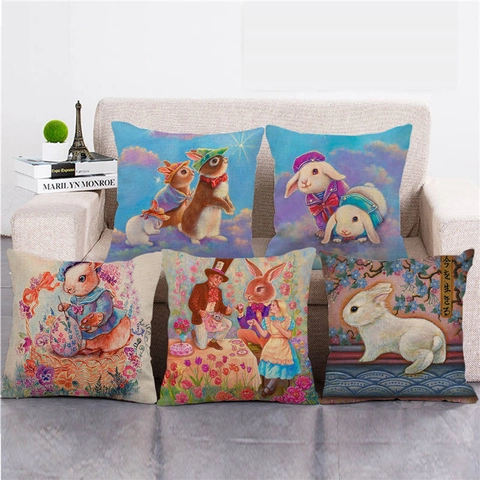Leinen Osterhase Kissenbezug Happy Easter Ei Kaninchen Muster Quadratische Kissenhülle Für Sofa Haus Deko