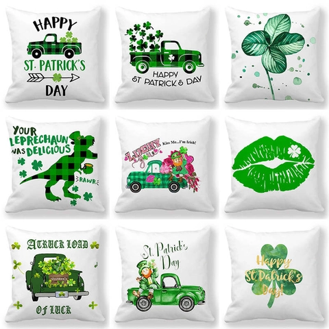 Fodera per Cuscino Giorno di San Patrizio Trifoglio Verde Gnomo Camion Decorativo in Lino Copricuscino per Divano Casa Decor