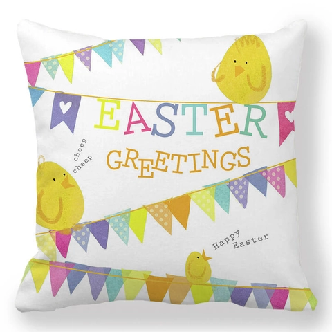 Funda de Cojín de Pascua Lino Conejo Huevos Coloridos Estampado Floral Cuadrada Decorativa para Sofá Hogar Fiesta