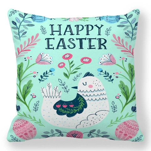 Easter Happy Bunny Colorful Eggs Linen Pillowcase Pastoral Decorative Square Cushion Cover For Sofa Living Room Home Decor