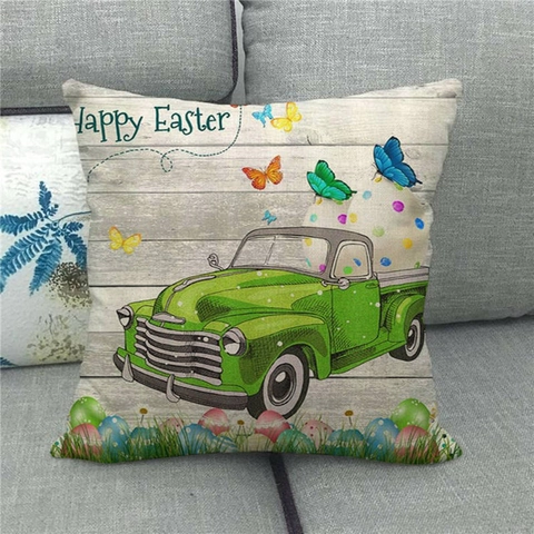 Fröhliche Ostern Hase Ei Leinen Kissenbezug Vintage Bauernhof LKW Dekoratives Kissen Sofa Haus Feiertags Dekoration