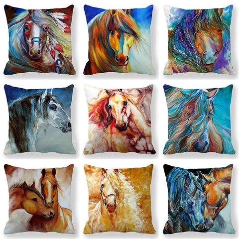 Artistic Horse Oil Painting Throw Pillow Cover Linen Decorative Square Cushion Case For Sofa Home Decor Bedroom Office