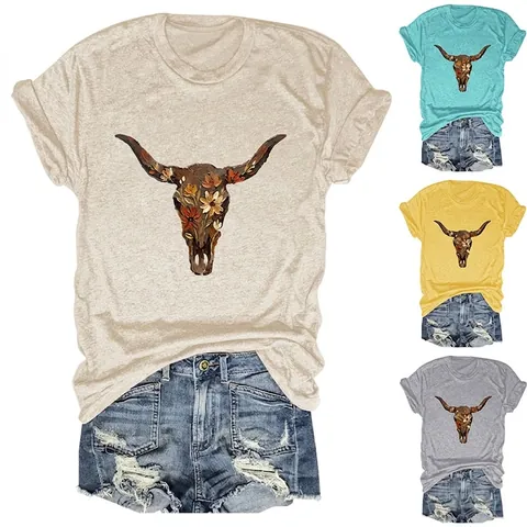 Women T-Shirt Cotton Crew Neck Short Sleeve Floral Cow Skull Graphic Loose Fit Western Bohemian Vintage Casual Summer Top