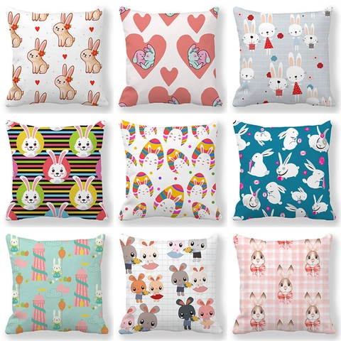 Easter Bunny Peach Skin Linen Look Cushion Cover Decorative Throw Pillowcase For Sofa Home Festive Decor Rabbit Egg Pattern