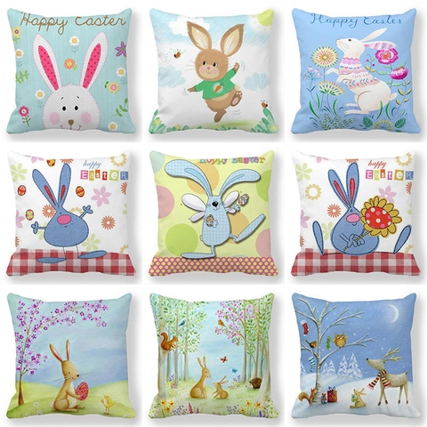 Easter Happy Bunny Colorful Eggs Linen Pillowcase Pastoral Decorative Square Cushion Cover For Sofa Living Room Home Decor