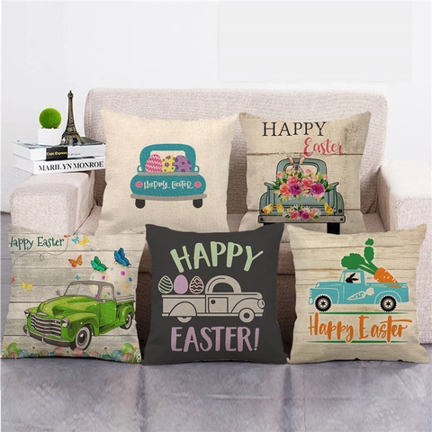 Fröhliche Ostern Hase Ei Leinen Kissenbezug Vintage Bauernhof LKW Dekoratives Kissen Sofa Haus Feiertags Dekoration