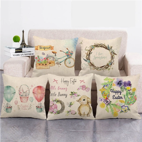 Easter Bunny Leinen Kissenbezug Aquarell Frühling Floral Eier Dekorative Kissenhülle Für Sofa Wohnzimmer Deko