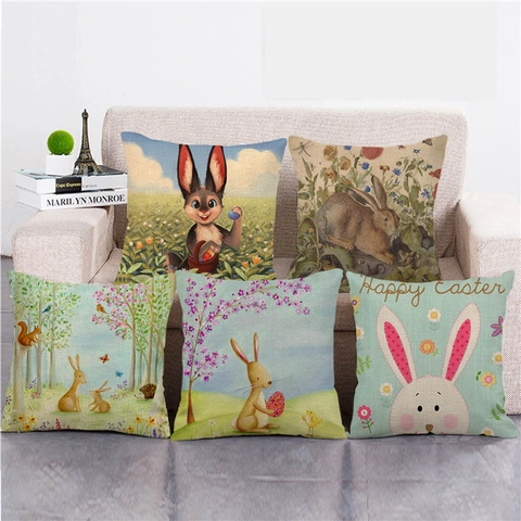Funda de Almohada Decorativa de Lino de Conejo y Huevos de Pascua Funda de Cojín Cuadrada para Sofá Hogar