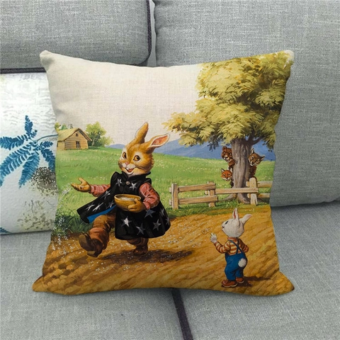 Linnen Paashaas Kussensloop Vintage Konijn Eieren Print Vierkante Decoratieve Kussensloop Voor Woonkamer Bank Huis Decoratie