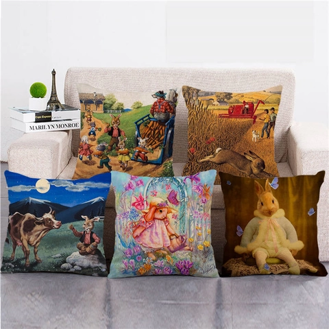 Linnen Paashaas Kussensloop Vintage Konijn Eieren Print Vierkante Decoratieve Kussensloop Voor Woonkamer Bank Huis Decoratie
