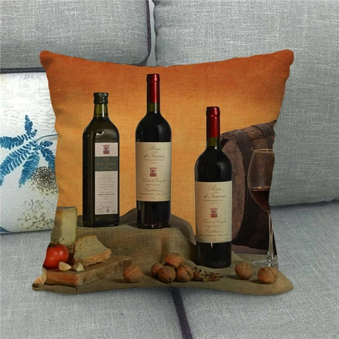 Vintage Rotwein Flasche Leinen Kissenbezug Quadrat Ölgemälde Trauben Stillleben Kissenhülle Für Sofa Haus Dekoration