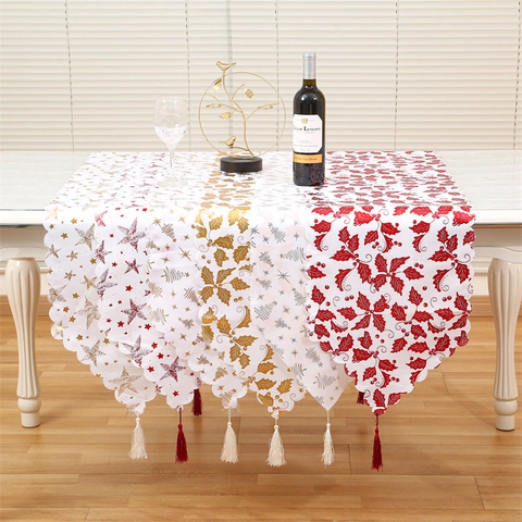 Christmas Table Runner Polyester Scalloped Edge With Tassel Gold Red Star Leaf Print Holiday Home Dining Room Decor