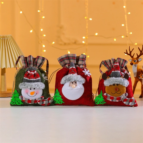 Weihnachts Geschenktüte Filz Weihnachtsmann Schneemann Rentier Kariert Kordelzug Handtasche Süßigkeitenbeutel Partydeko