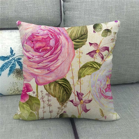 Watercolor Floral Linen Throw Pillowcase Vintage Rose Pattern Cushion Cover For Sofa Living Room Home Decor