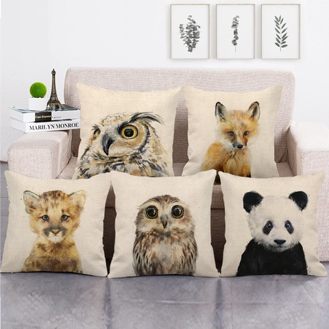 Aquarel Wilde Dieren Tijger Uil Vos Patroon Linnen Kussenhoes Vierkante Decoratieve Kussensloop Voor Sofa Woonkamer Home Decor