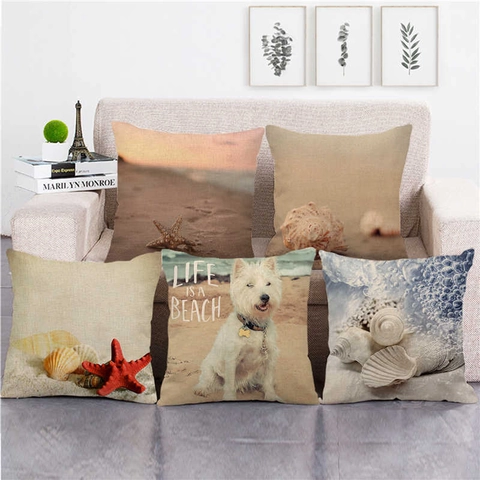 Fodera per Cuscino in Lino con Paesaggio Balneare Stelle Marine Conchiglie Copricuscino Decorativo Quadrato per Divano Soggiorno Casa