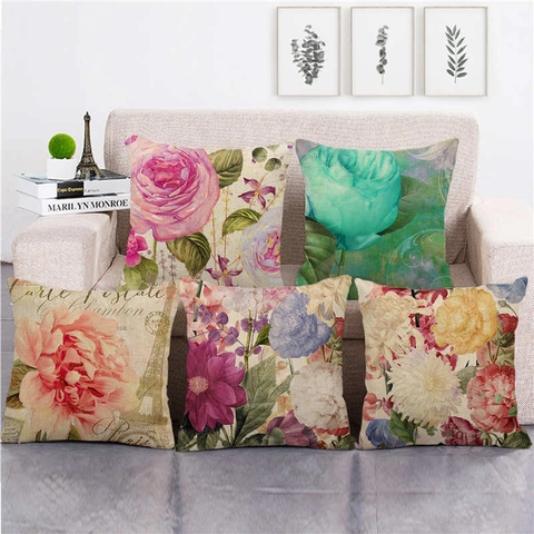 Watercolor Floral Linen Throw Pillowcase Vintage Rose Pattern Cushion Cover For Sofa Living Room Home Decor