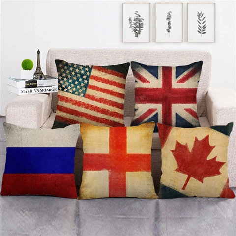 Vintage National Flag Linen Cushion Cover Distressed Retro Square Pillowcase For Sofa Living Room Decor No Insert