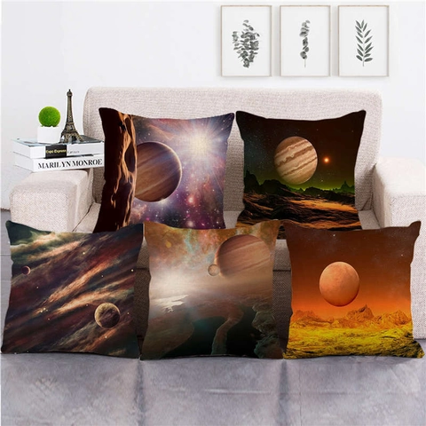 Universum Ruimte Planeet Bedrukte Linnen Kussensloop Sci-Fi Kosmisch Landschap Vierkante Decoratieve Kussenhoes Voor Sofa Thuis