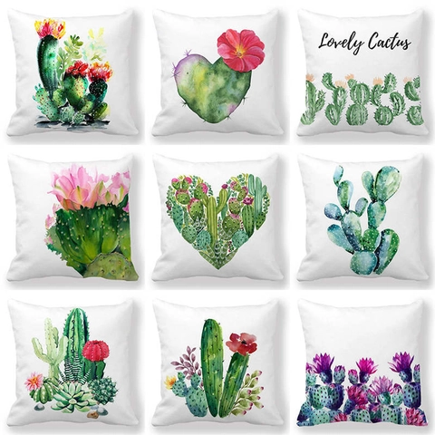 Taie d'Oreiller en Lin Cactus et Succulentes à l'Aquarelle Pastorale Housse de Coussin Décorative Carrée pour Salon Canapé Maison