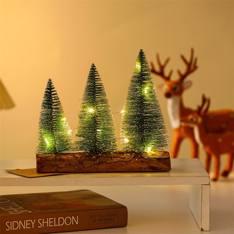 Mini Sapin de Noël Ornement de Bureau Avec 3 Arbres en Sisal Base en Bois Naturel Lumières LED Décoration de Fête