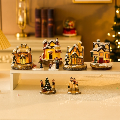 Villaggio di Natale Luminoso in Resina Casa Statuina Miniatura Ornamento da Scrivania Luce LED Cabina Neve per Arredamento Vacanze Regalo Bambini