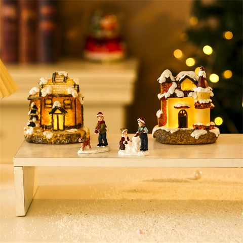 Villaggio di Natale Luminoso in Resina Casa Statuina Miniatura Ornamento da Scrivania Luce LED Cabina Neve per Arredamento Vacanze Regalo Bambini