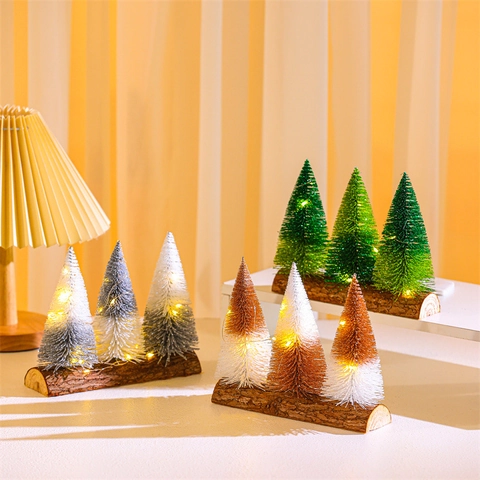 Mini Kerstbomen Sisal Flessenborstel Houten Basis Tweekleurig Glitter Tafeldecoratie Feestdagen