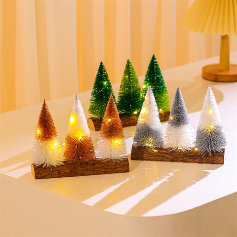Mini Kerstbomen Sisal Flessenborstel Houten Basis Tweekleurig Glitter Tafeldecoratie Feestdagen