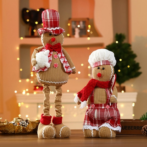 Christmas Retractable Gingerbread Man Plush Doll Standing Ornaments Corduroy Fabric Festive Home Window Holiday Decoration Doll
