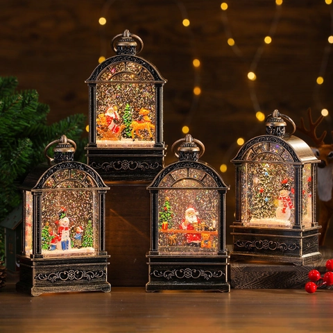 Linterna De Bola De Nieve De Navidad Caja De Música Bronce Retro LED Purpurina Papá Noel Muñeco De Nieve Decoración