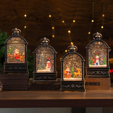 Linterna De Bola De Nieve De Navidad Caja De Música Bronce Retro LED Purpurina Papá Noel Muñeco De Nieve Decoración