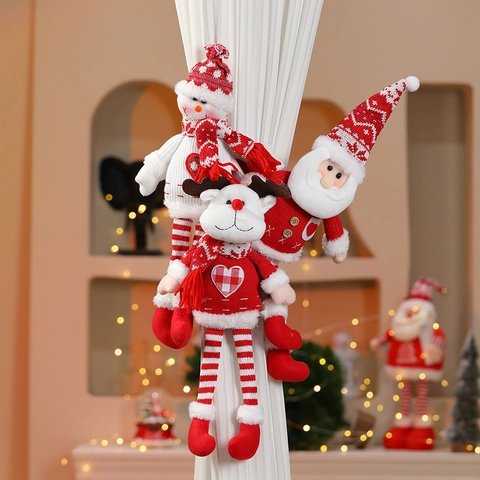 Christmas Curtain Tieback Knitted Plush Santa Snowman Reindeer Long Leg Doll Buckle Fastener For Home Party Decoration