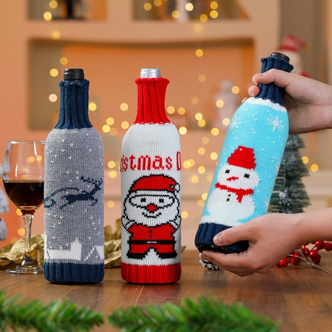 Housses De Bouteille De Vin De Noël Tissu Tricoté Motif Père Noël Bonhomme De Neige Renne Décor De Table De Fête